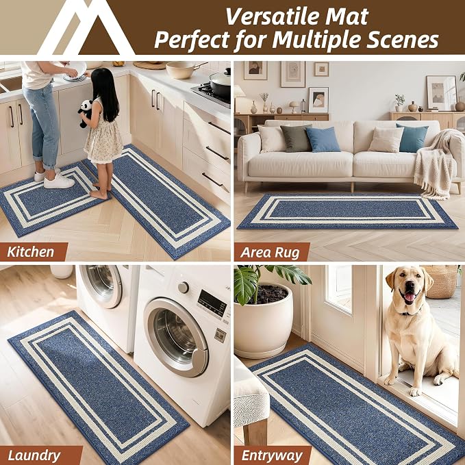 COSY HOMEER Kitchen Rugs Non-Slip 20x30/20x48 Inch Thick Polypropylene Standing Mat for Home Machine Washable, Bule Frame