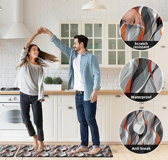Kitchen Mats for Floor Modern Abstract kitchen rugs Grey and Orange Stripe Anti Fatigue Kitchen Mats Waterproof Floor Mats Cushioned Non-Skid Standing Mats for Kitchen, Set of 2,17.3 x 28+17.3 x 47