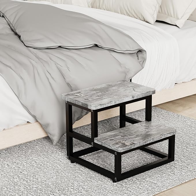 SZLHANJZ Step Stools for Kids Adults, Heavy Duty Stepping Stools Bed Steps for High Beds, Non-Slip Metal and Wooden 2 Steps Foot Stool for Bedside Kitchen, Round Corner, 500 Lbs Capacity, Gray Pattern