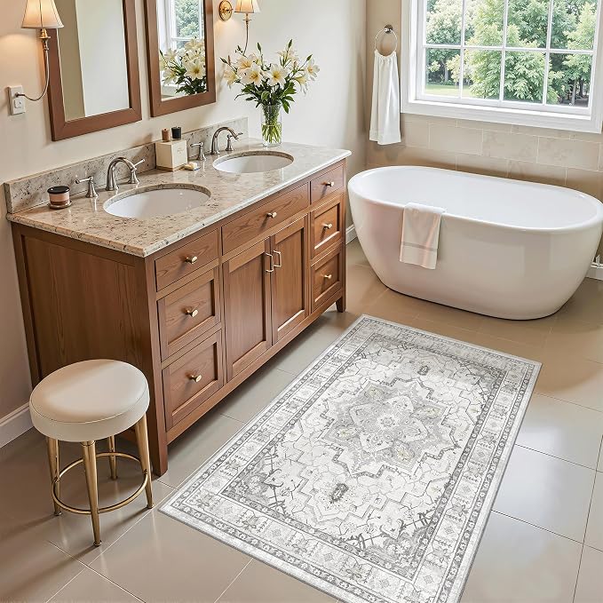 Madane Washable Area Rug 2x3, Small Entryway Rug Non-Slip Vintage Door Mat Indoor Entrance, Low Pile Floor Carpet for Inside Front Door Bedroom Kitchen Entry Laundry (2'x3', Grey)