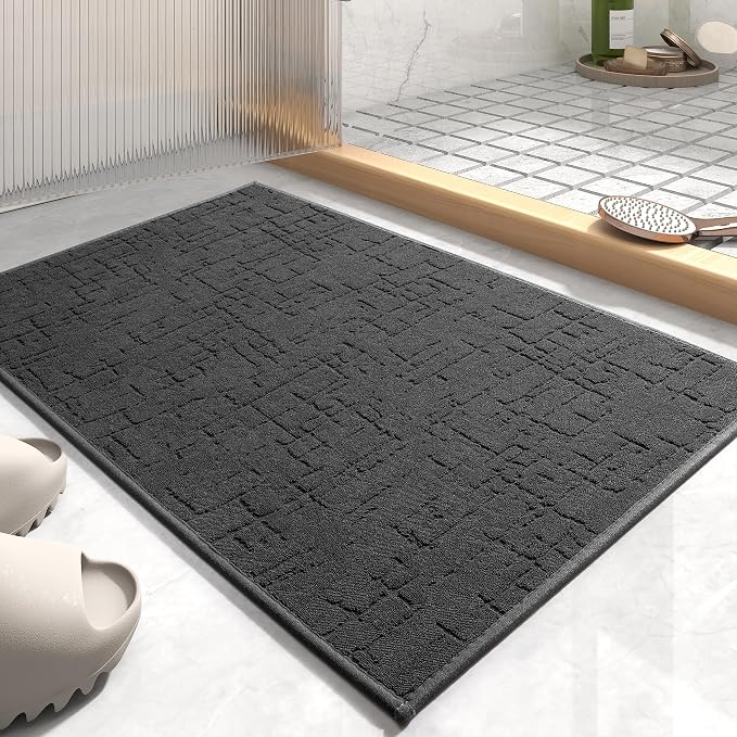 AMOAMI-Bath Mat-Absorbent Quick Dry Bathroom Floor Mats-Washable Rubber Backing Bath Mats for Bathroom Rugs Fit Under Door-Bath Rug for in Front of Sink Bathtub Shower Room, Dark Grey 17''x24''
