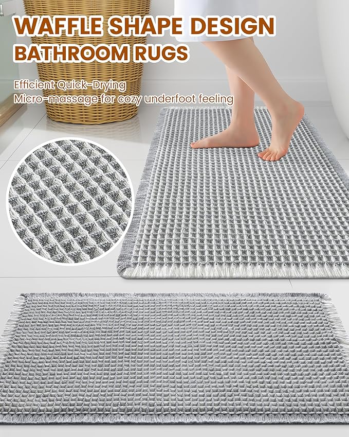 Smiry Waffle Bath Mat 72x24, Extra Soft Absorbent Bathroom Rugs, Non Slip Machine Washable Quick Dry Bath Rugs for Bathroom Floor, Tub, Shower, Home Decor Accessories, Lightgrey & Cream