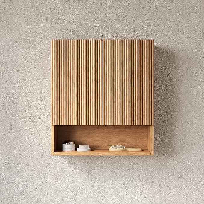 USHOWER Natural Bathroom Wall Cabinet, Thickened MDF Medicine Cabinet with 2 Fluted Doors & Open Shelf, Over the Toilet Storage Cabinet for Laundry Room, Living Room, Kitchen, Wall Mounted