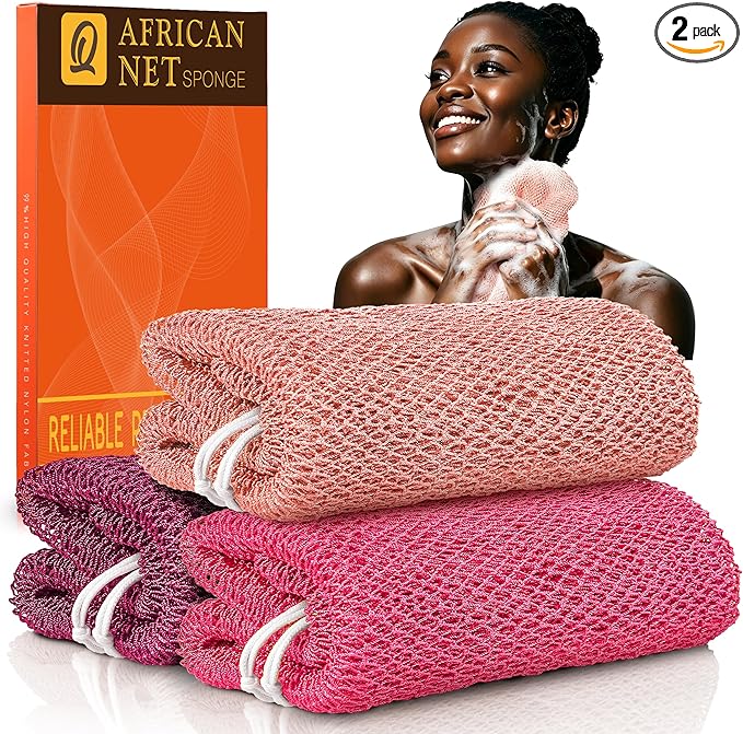 UJFQBH African Net Sponge Authenti, Exfoliating Body Scrubber for Back and Hard to Reach Areas, Gentle Daily Exfoliation for Deep Cleansing, Quick Drying Shower Essential, Berry Pink 3 Pack