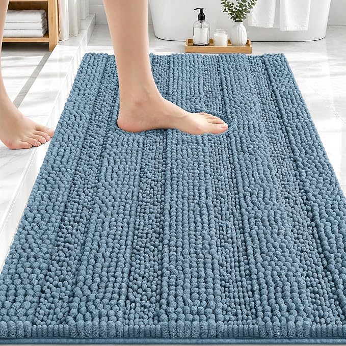 OLANLY Thick Bathroom Rugs 30x20, Extra Soft Absorbent Chenille Striped Bath Rugs, Rubber Backing, Machine Wash Dry, Bath Mats for Bathroom Floor, Tub and Shower, Home Decor Accessories, Airy Blue