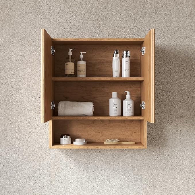 USHOWER Natural Bathroom Wall Cabinet, Thickened MDF Medicine Cabinet with 2 Fluted Doors & Open Shelf, Over the Toilet Storage Cabinet for Laundry Room, Living Room, Kitchen, Wall Mounted