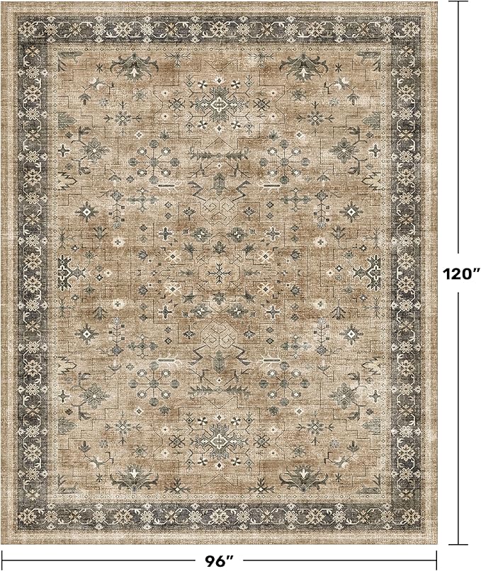 Taupe and Sage 8x10 Living Room Rug, Oriental Large Area Rug for Dining Room Under Table, Natural Washable Low Pile Bedroom Carpet, Non-Slip Stain Resistant Indoor Door Mat