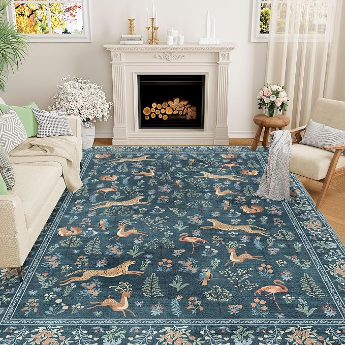 DUKINO 8x10 Rug, Washable Animal Living Room Rug with Non Slip Vintage Design, Soft Low Pile Large Carpet for Bedroom, Nursery, Dining Room, Farmhouse, Playroom, Blue
