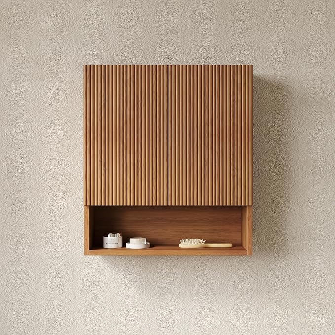 USHOWER Brown Oak Bathroom Wall Cabinet, Thickened MDF Medicine Cabinet with 2 Fluted Doors & Open Shelf, Over the Toilet Storage Cabinet for Laundry Room, Living Room, Kitchen, Wall Mounted