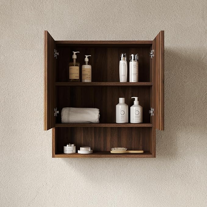 USHOWER Dark Walnut Bathroom Wall Cabinet, Thickened MDF Medicine Cabinet with 2 Fluted Doors & Open Shelf, Over the Toilet Storage Cabinet for Laundry Room, Living Room, Kitchen, Wall Mounted