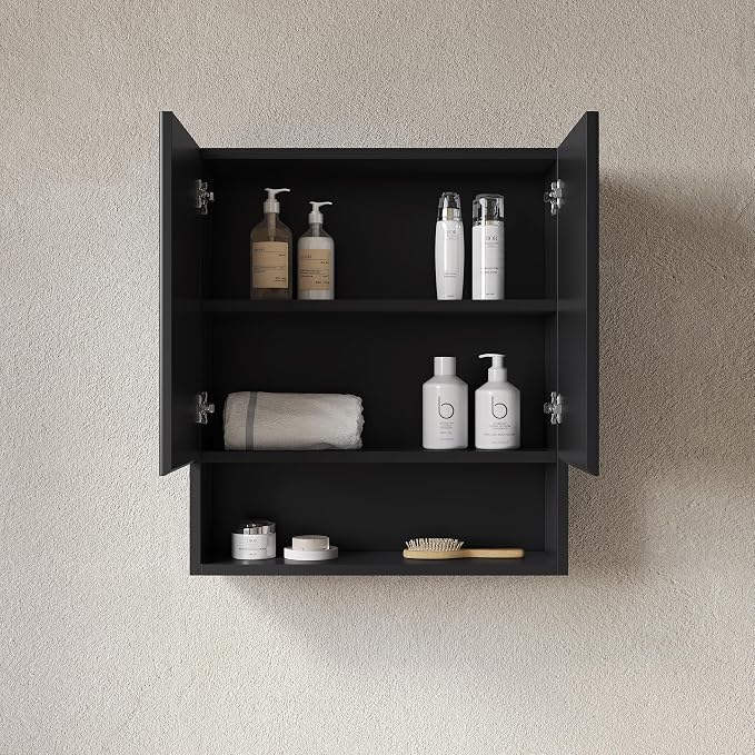 USHOWER Black Bathroom Wall Cabinet, Thickened MDF Medicine Cabinet with 2 Fluted Doors & Open Shelf, Over the Toilet Storage Cabinet for Laundry Room, Living Room, Kitchen, Wall Mounted