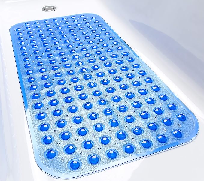 Large Non-Slip Bathtub & Shower Mat 31”x16” (Smooth/Non-Textured Tubs Only) Safe, Clean, Machine-Washable, Superior Grip&Drainage, Vinyl, Transparent Blue