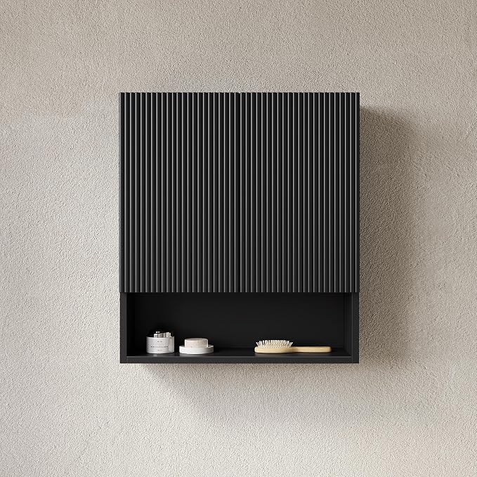 USHOWER Black Bathroom Wall Cabinet, Thickened MDF Medicine Cabinet with 2 Fluted Doors & Open Shelf, Over the Toilet Storage Cabinet for Laundry Room, Living Room, Kitchen, Wall Mounted