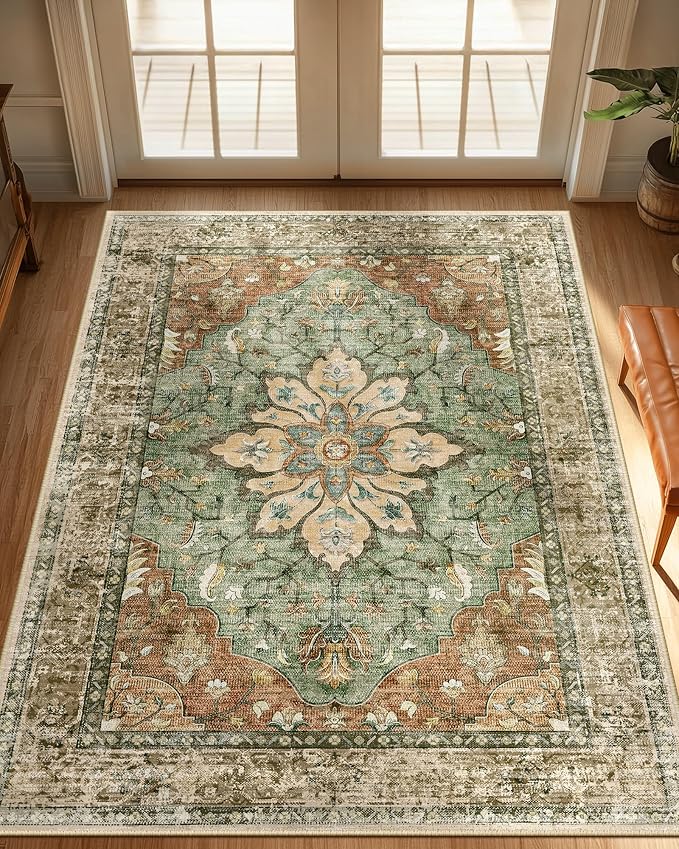 RELEANY Area Rugs 3'x4' Washable Non-Slip, Floral Vintage Distress Medallion Carpet for Living Room Bedroom Dining Room, Terracotta Burnt Orange Green