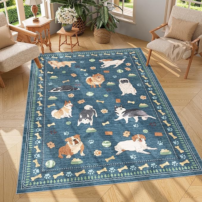 DUKINO 4x6 Area Rug, Non Slip Washable Rug for Living Room with Low Pile Design, Lightweight & Non Shedding Animal Dog Print Indoor Soft Carpet for Bedroom, Dining Room, Kids Room, Office, Blue