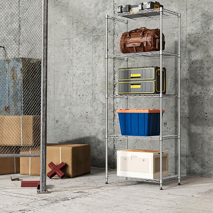 IZEUK 5-Tier Chrome Metal Storage Shelves, Adjustable Wire Shelving Unit for Kitchen, Bathroom, Pantry, Office, Garage, Organizer Wire Rack, 1250 lbs, 13.7" D x 23.6" W x 63" H