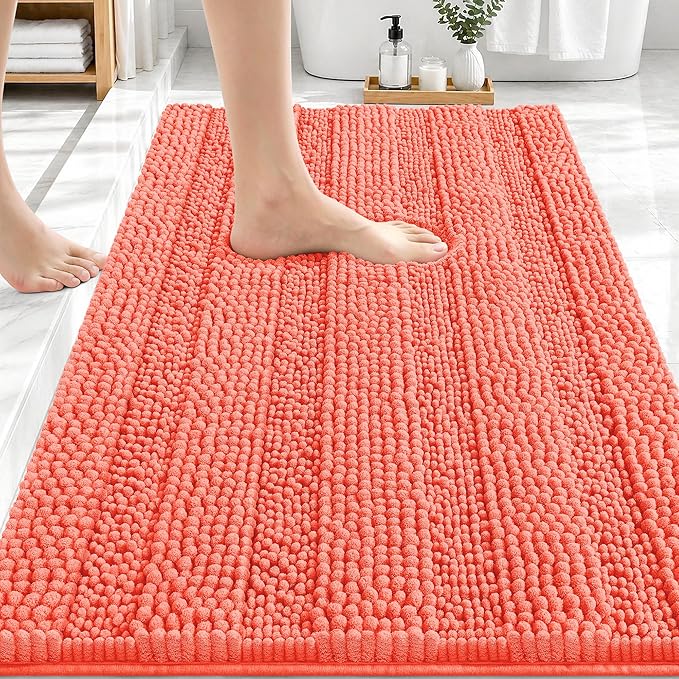 OLANLY Thick Bathroom Rugs 30x20, Extra Soft Absorbent Chenille Striped Bath Rugs, Rubber Backing, Machine Wash Dry, Bath Mats for Bathroom Floor, Tub and Shower, Home Decor Accessories, Coral