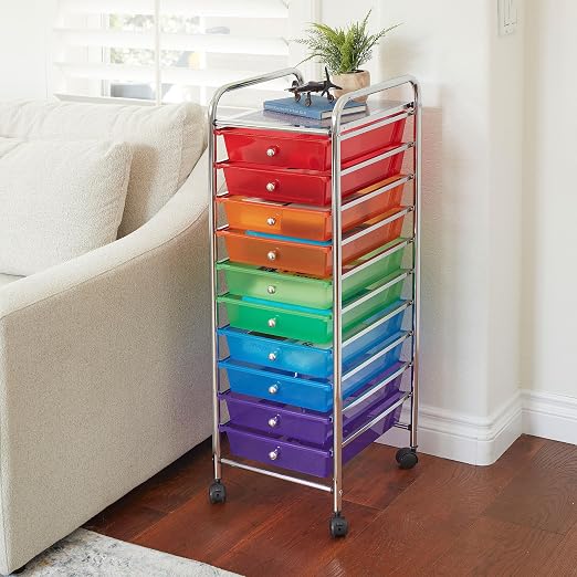 ECR4Kids 10-Drawer Everyday Mobile Storage Utility Cart, Craft Organizer, Assorted