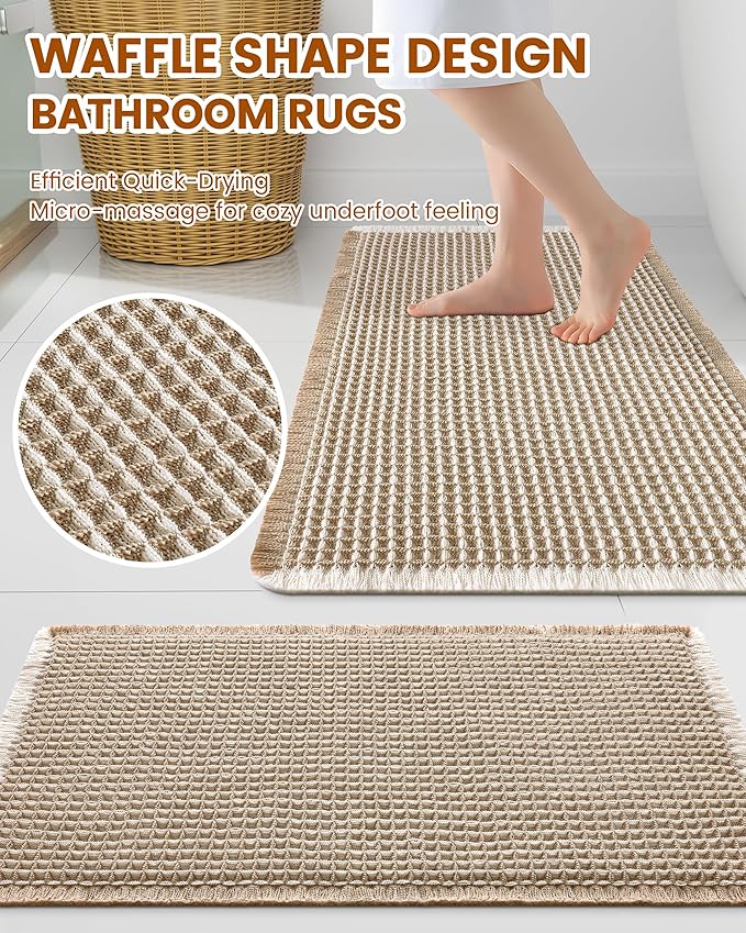 Smiry Waffle Bath Mat 47x32, Extra Soft Absorbent Bathroom Rugs, Non Slip Machine Washable Quick Dry Bath Rugs for Bathroom Floor, Tub, Shower, Home Decor Accessories, Brown & Cream