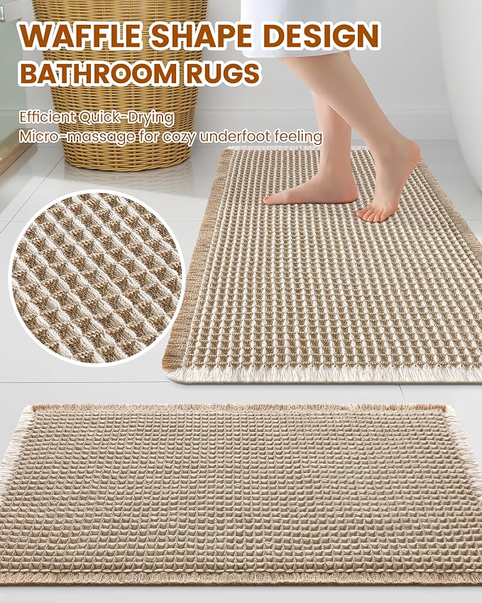Smiry Waffle Bath Mat 59x35, Extra Soft Absorbent Bathroom Rugs, Non Slip Machine Washable Quick Dry Bath Rugs for Bathroom Floor, Tub, Shower, Home Decor Accessories, Brown & Cream