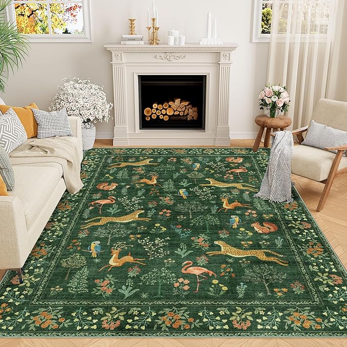 DUKINO 5x7 Rug, Washable Animal Living Room Rug with Non Slip Vintage Design, Soft Low Pile Large Carpet for Bedroom, Nursery, Dining Room, Farmhouse, Playroom, Green