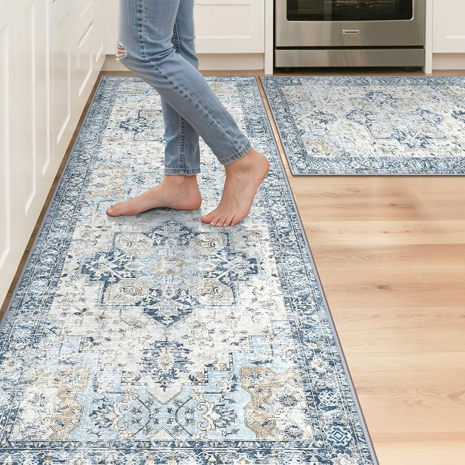 GENIMO Kitchen Rugs Non Slip Washable, 2PCS Kitchen Mats for Floor, Cushioned Standing Mat, Kitchen Runner Rug Floor Mat for Kitchen Decor, Laundry, Sink, Entryway, Home, 24"x36"+24"x72", Blue