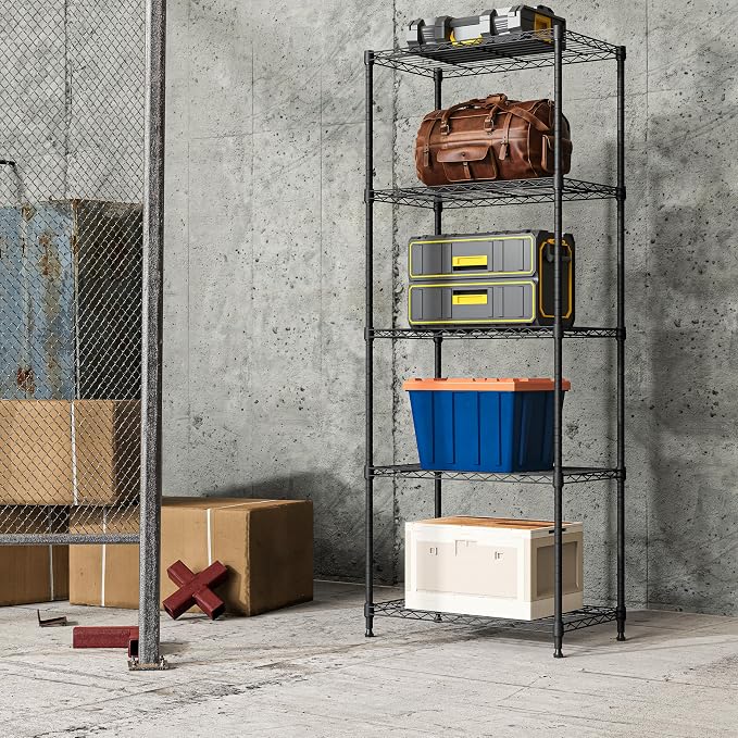 IZEUK 5-Tier Black Metal Storage Shelves, Adjustable Wire Shelving Unit for Kitchen, Bathroom, Pantry, Office, Garage, Organizer Wire Rack, 1250 lbs, 13.7" D x 23.6" W x 63" H