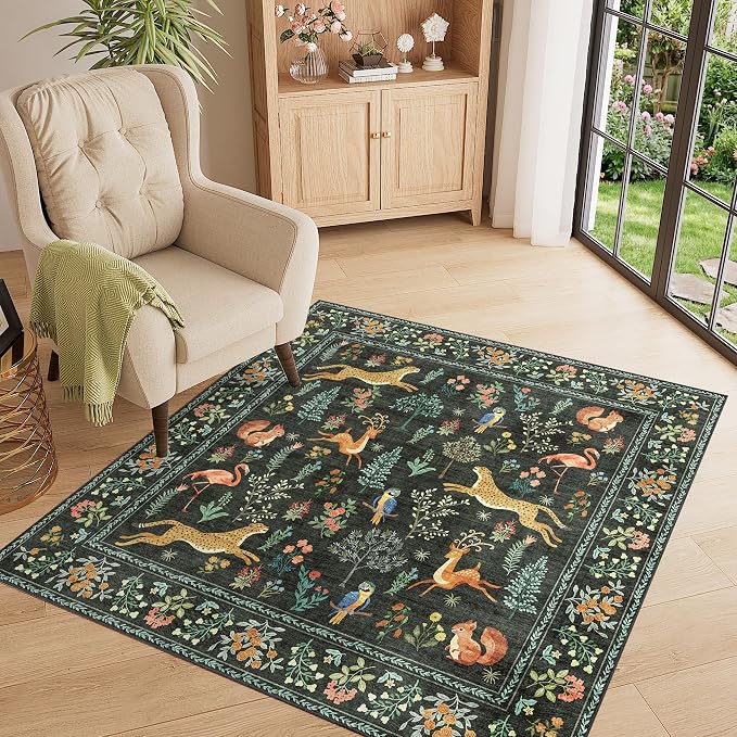 DUKINO 4x4 Square Area Rug for Entryway, Lightweight Animal Print Washable Rug with Non Slip, Non Shedding & Low Pile Soft Indoor Carpet for Kitchen, Bedroom, Home Office, Kids Playroom, Black