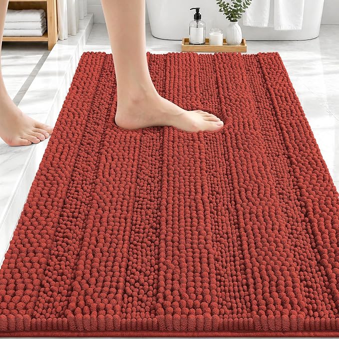 OLANLY Thick Bathroom Rugs 30x20, Extra Absorbent Chenille Striped Bath Rugs, Rubber Backing, Machine Wash Dry, Bath Mats for Bathroom Floor, Tub and Shower, Home Decor Accessories, Rustic Terracotta