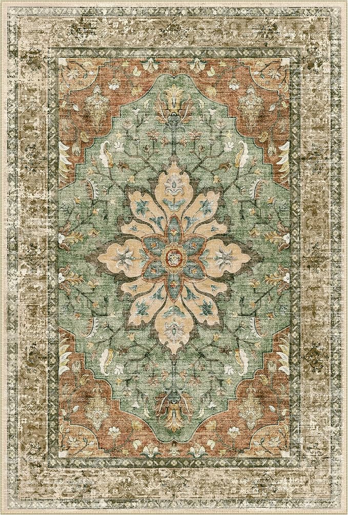 RELEANY Area Rugs Runner 3'x20' Washable Non-Slip, Floral Vintage Distress Medallion Carpet for Kitchen Hallway Bedroom Beside Laundry Room Bathroom, Terracotta Burnt Orange Green