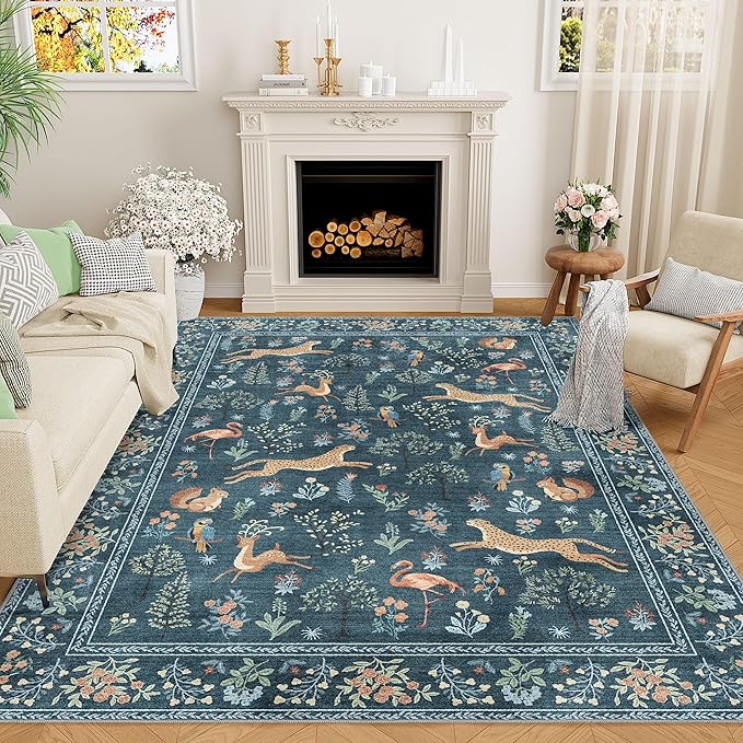 DUKINO 6x9 Rug, Washable Animal Living Room Rug with Non Slip Vintage Design, Soft Low Pile Large Carpet for Bedroom, Nursery, Dining Room, Farmhouse, Playroom, Blue