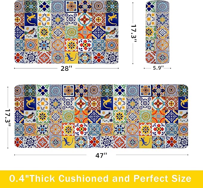 weesire Boho Kitchen Rugs Set 2 Pieces Memory Foam Colorful Ceramic Comfort Tile Floor Mat Anti Fatigue Non-Skid PVC Runner Rug Water & Oil Proof Carpet for Kitchen Laundry Sink,17.3x28+17.3x47 Inch
