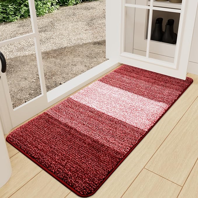 Kitinjoy Indoor Outdoor Door Mat, 47x24 Non-Slip Absorbent Dirt Trapper, Low-Profile Washable Inside Entrance Front Floor Mat, Sturdy Soft Entry Doormats for Entryway, Burgundy