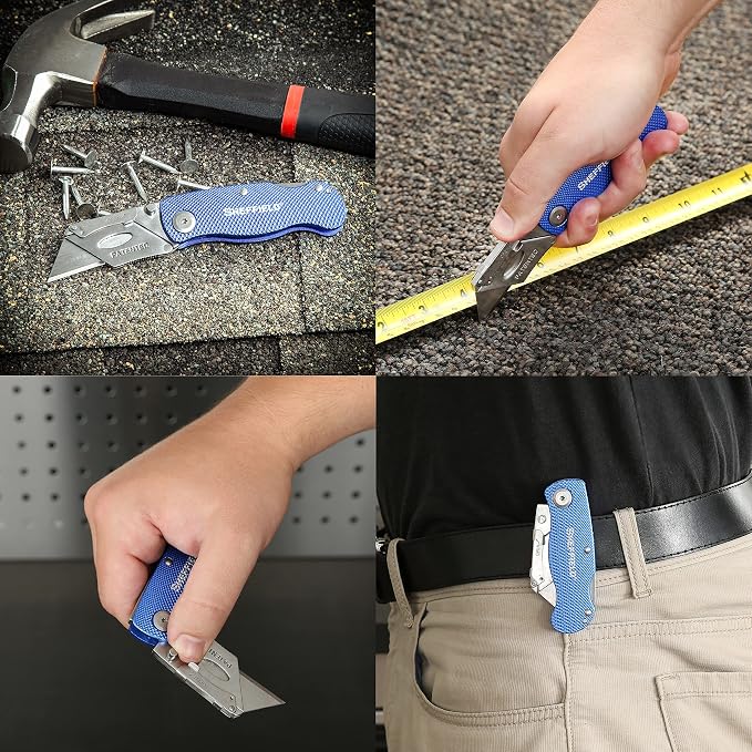 Sheffield 12514 Folding Utility Knife 3 Pack, Gifts for Men, Dad Gifts, Quick Change Utility Knife Blades, Compact Aluminum Handle, Box Cutter, Razor Blades Included