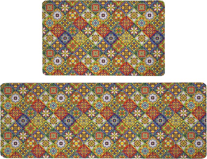 Boho Kitchen Rugs Set 2 Memory Foam Colorful Ceramic Comfort Tile Floor Mat Anti Fatigue Non-Skid PVC Runner Rug Water & Oil Proof Carpet for Kitchen Laundry Sink,17.3x28+17.3x47 Inch, C4