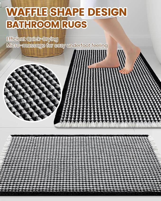 Smiry Waffle Bath Mat 72x24, Extra Soft Absorbent Bathroom Rugs, Non Slip Machine Washable Quick Dry Bath Rugs for Bathroom Floor, Tub, Shower, Home Decor Accessories, Black & Cream