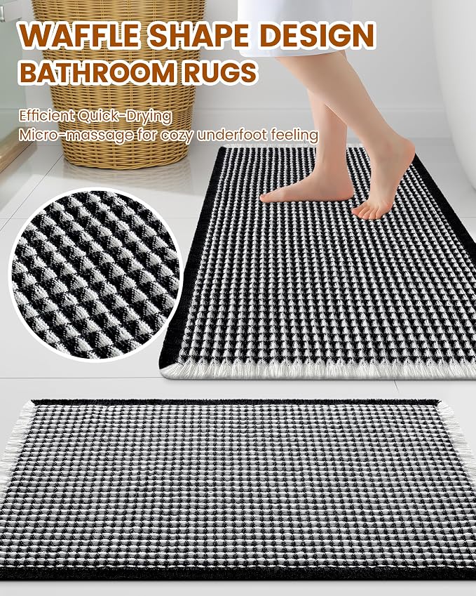Smiry Waffle Bath Mat 36x24, Extra Soft Absorbent Bathroom Rugs, Non Slip Machine Washable Quick Dry Bath Rugs for Bathroom Floor, Tub, Shower, Home Decor Accessories, Black & Cream