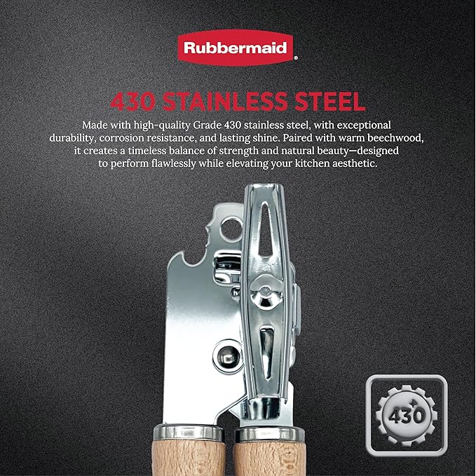Rubbermaid Heavy Duty Can Opener Manual, Hand-Held Can Opener with Stainless Steel Cutting Wheel - Jar Opener | Solid Beechwood Handles, Kitchen Appliances | Beechwood & Stainless Steel Collection