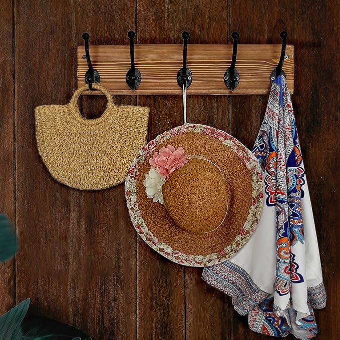 WEBI Rustic Coat Rack Wall Mount,5 Cast Iron Coat Hooks Wall Mounted,Heavy Duty Wall Coat Hanger Hooks for Hanging Coats,Clothes,Brown,2 Packs