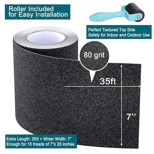 Anti Slip Traction Tape, 7Inch x 35Ft Non Slip Grip Tape for Stair Outdoor/Indoor, Waterproof Anti Skid Grit Roll for Stair Step, High Traction Non Skid Abrasive Stair Treads- Black