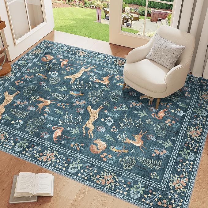 DUKINO 4x6 Rug, Washable Animal Area Rug with Non Slip Vintage Design, Indoor Soft Low Pile Carpet for Bedroom, Nursery, Dining Room, Farmhouse, Playroom, Blue