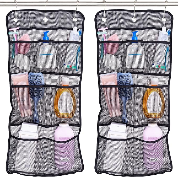 S&T INC. Shower Organizer, Shower Caddy & Bathroom Organizer, 2 Pack, Black | Quick Drying Mesh, 7 Pockets to Hold Shampoo, Soap, Loofah, and Cruise Ship Essentials