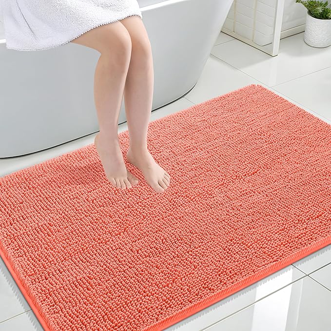 OLANLY Large Bathroom Rugs 44x32, Extra Soft Absorbent Chenille Bath Rugs, Rubber Backing Quick Dry, Machine Washable Bath Mats for Bathroom Floor, Tub and Shower, Home Decor Accessories, Coral