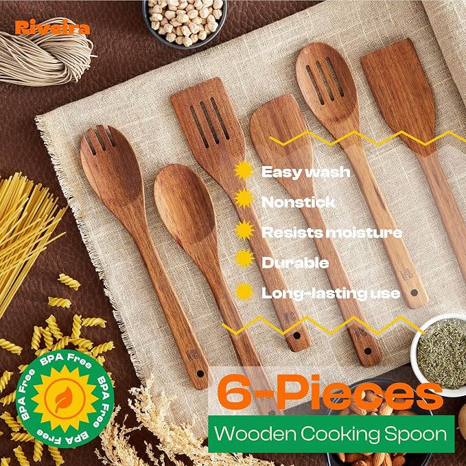 Riveira Teak Wooden Spoons for Cooking Set of 6 – Natural Teak Wooden Cooking Utensils, Wooden Spatula, Wooden Spoon - Premium Quality Utensil Set for Non-Toxic Cooking