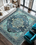 RELEANY Area Rugs 6'x8' Washable Non-Slip, Floral Vintage Distress Medallion Carpet for Living Room Bedroom Dining Room, Teal Green Lake Blue Turquoise