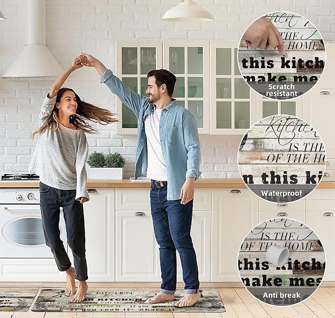 weesire Kitchen Mats for Floor Anti Fatigue Mats for Kitchen Floor Kitchen Rugs Farmhouse Style Memory Foam Kitchen Mat Cushioned PVC Leather Kitchen Rug Set, 17.3x28+17.3x47 inchs