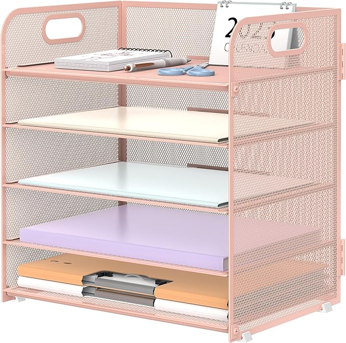 Supeasy 5 Trays Paper Organizer Letter Tray with Handle-Mesh Desk File Holders, Paper Sorter Desk Organizer for Office, Home, Classroom or School, Pink