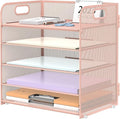 Supeasy 5 Trays Paper Organizer Letter Tray with Handle-Mesh Desk File Holders, Paper Sorter Desk Organizer for Office, Home, Classroom or School, Pink