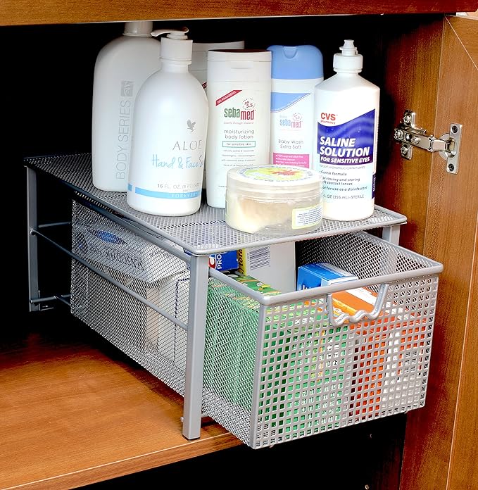 Deco Brothers Stackable Pull Out Cabinet Sliding Basket with Dividers, Large, Silver