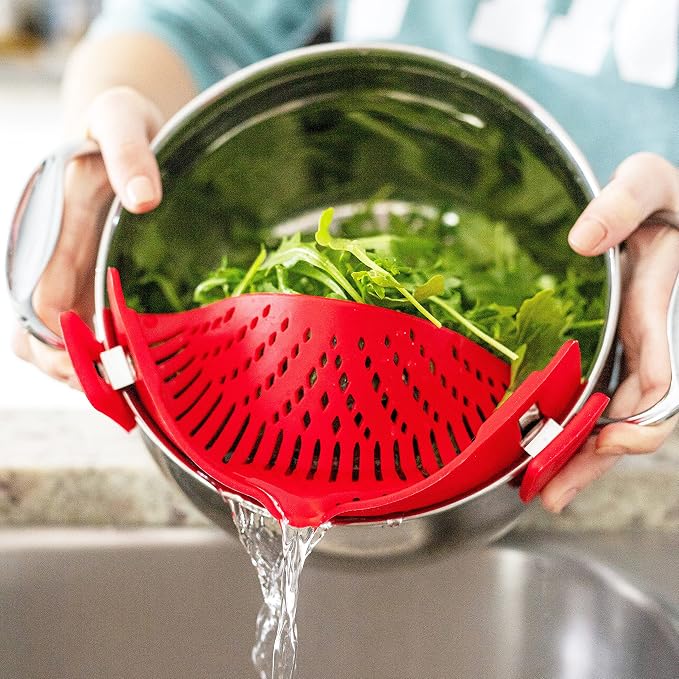 Arlig Clip On Pasta Strainer Silicone Universal Fit for all Pots and Bowls Snap On Drainer for Meat, Vegetables, Fruit Colander for Kitchen Easily Drain Food Space Saving
